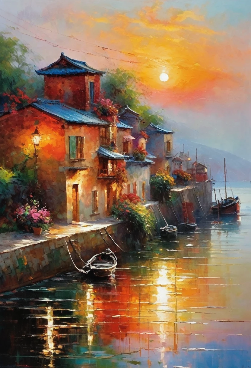 Cozy rooms, Big oil on the wall, Painter of Light, Monet's paintings, Impressionist painting, oil, Harbour sunrise scenery, The sea is depicted with bold, improvised brushstrokes、A distant view of the port, completely shrouded in mist, The rising red sun is the accent, The soft colors and gentle brushstrokes create a tranquil atmosphere.。The focus of the image is on impression、The painting itself is a masterpiece、Impeccable writing、Bold brushstrokes、Impressionist feeling, The mysterious beauty of that moment, The wall on which the painting hangs is decorated with an elegant frame.、Enhances the overall aesthetic appeal。Warm lighting、The elegant combination of rooms creates an enchanting atmosphere.、It invites the viewer to immerse themselves in the serenity and beauty of the depicted moment.。The image is、To truly capture the essence of the painting and its surroundings、Top quality with high resolution and ultra-detailed rendering。The art style is、Emphasis on realistic and photorealistic expression、Reflecting traditional oil techniques。The colors are warm and inviting、Highlight the rich colors of the sunset、Infuse a room with a warm glow。Lighting、Make your painting stand out、Add depth and dimension to the entire scene。
