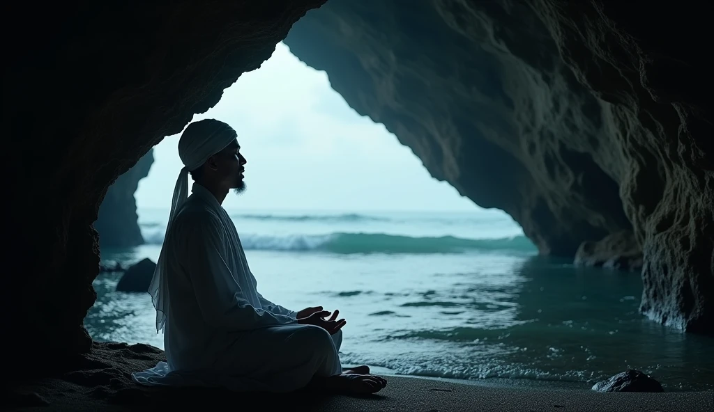 Create an image of a 35-year-old Indonesian man with a clean Southeast Asian face, wearing a white turban, a long white robe, white pants, and sandals resembling those worn by martial artists. He is spending the night in a cave near a southern beach. The scene should be detailed with dramatic, cinematic lighting, and the atmosphere should be mysterious and eerie. The image should be hyper-detailed, 8K resolution, ultra-sharp, and UHD.