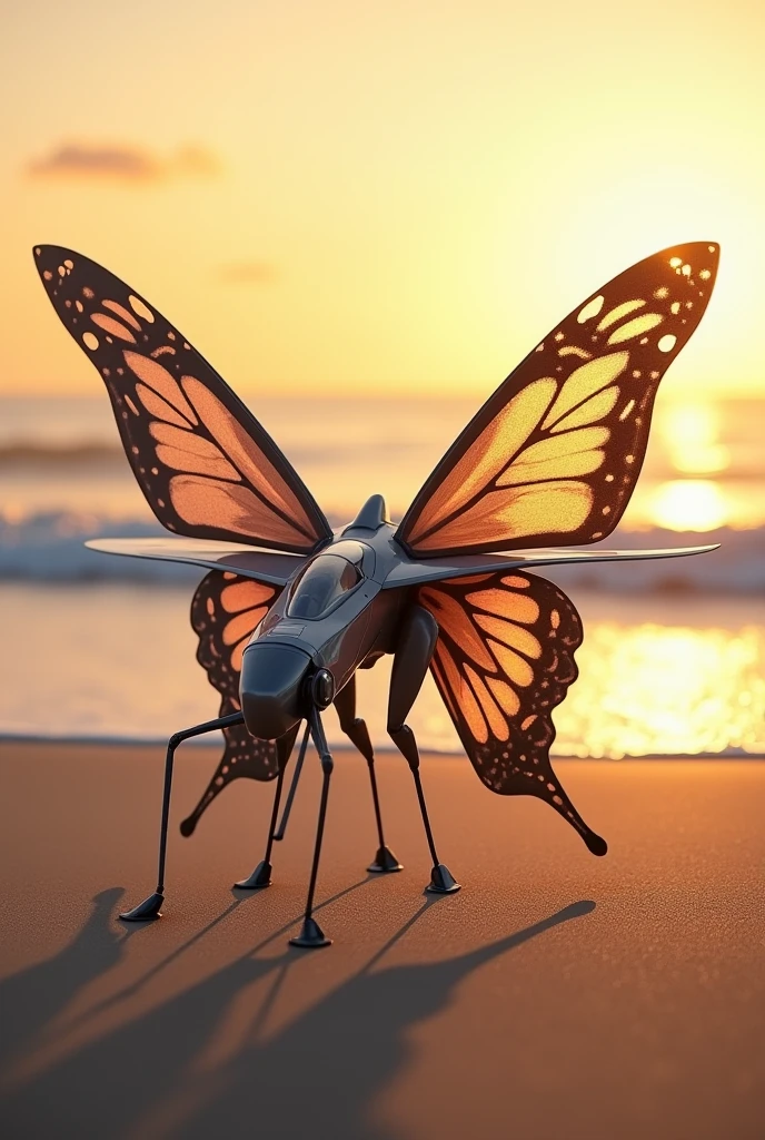 A butterfly with military wings, at sunset on the beach