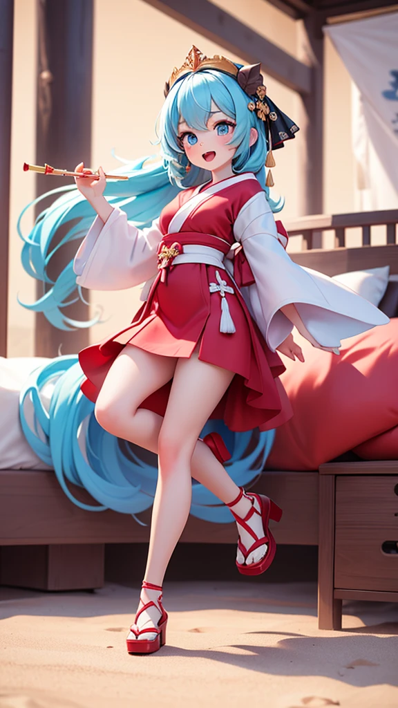 actionhappy and jumping
A half-Japanese-Russian woman with blue eyes, blue hair, fair skin, and long, beautiful legs that match her red shoes. She was wearing a knee-length, see-through red dress. She stands on the beach. She is playing a flute on the bed, full body 4k, Front view.