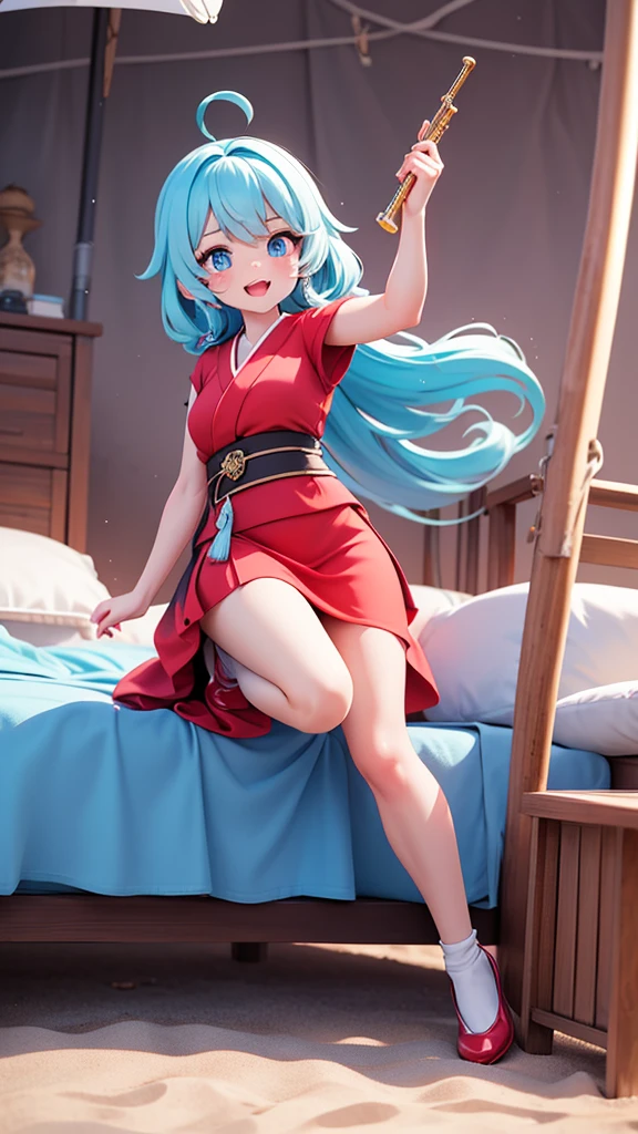 actionhappy and jumping
A half-Japanese-Russian woman with blue eyes, blue hair, fair skin, and long, beautiful legs that match her red shoes. She was wearing a knee-length, see-through red dress. She stands on the beach. She is playing a flute on the bed, full body 4k, Front view.