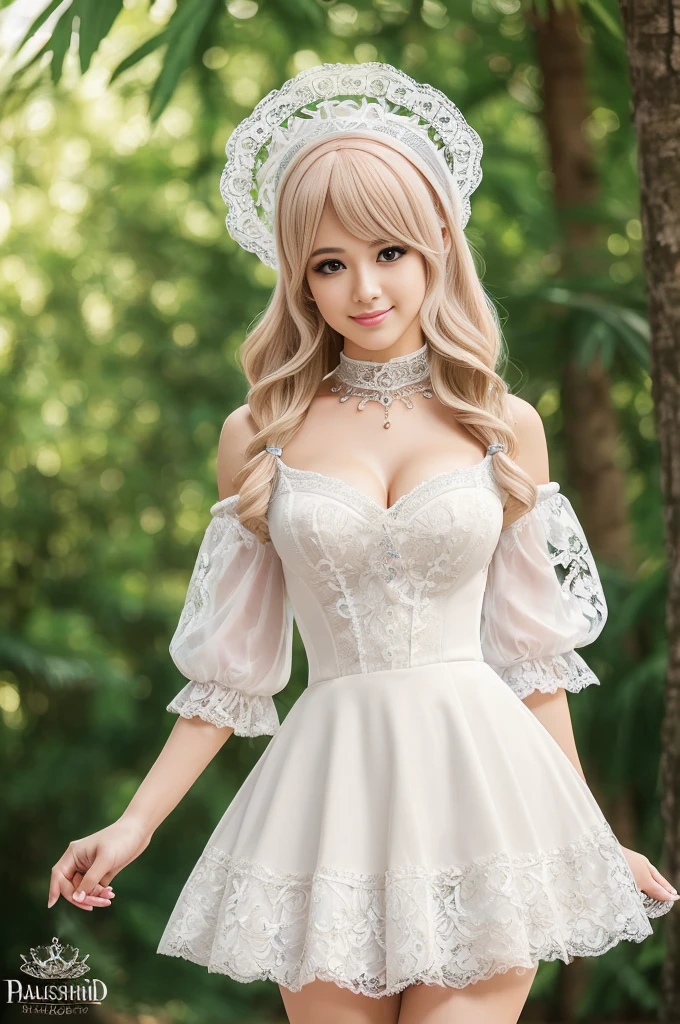 ((Best quality, 8k, Masterpiece, Sharp focus, 35mm lens, f/0.8, amazing beautiful perfect figure :1.4)), side lighting, sexy stylish Italian model, ((bright smile)), ((beautiful detailed Victorian-Style boots)), Highly detailed face and skin texture:1.2, super detailed eyes:1.2, super detailed skin, shiny skin:1.2, Blushing ,long lashes:1.2, high-fidelity bangs, brilliant light blonde long random hairstyle, ((sexy Paradise Kiss cosplay)), bell-shaped skirt, petticoats, high neckline, puffed sleeves, (( ultra detailed lace)), ((ultra detailed embroidery)), intricate details, Paradise Kiss accessoires and matching headpiece, choker, ((large sparkling Paradise Kiss jewelry)), cinematic light, detailed large park background with trees