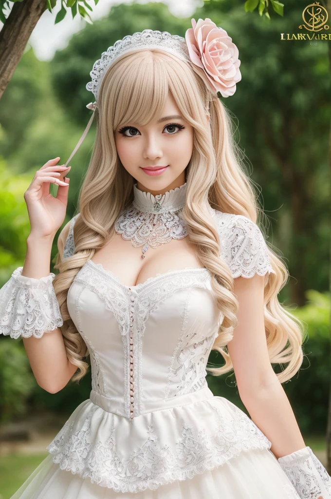((Best quality, 8k, Masterpiece, Sharp focus, 35mm lens, f/0.8, amazing beautiful perfect figure :1.4)), side lighting, sexy stylish Italian model, ((bright smile)), ((beautiful detailed Victorian-Style boots)), Highly detailed face and skin texture:1.2, super detailed eyes:1.2, super detailed skin, shiny skin:1.2, Blushing ,long lashes:1.2, high-fidelity bangs, brilliant light blonde long random hairstyle, ((sexy Paradise Kiss cosplay)), bell-shaped skirt, petticoats, high neckline, puffed sleeves, (( ultra detailed lace)), ((ultra detailed embroidery)), intricate details, Paradise Kiss accessoires and matching headpiece, choker, ((large sparkling Paradise Kiss jewelry)), cinematic light, detailed large park background with trees