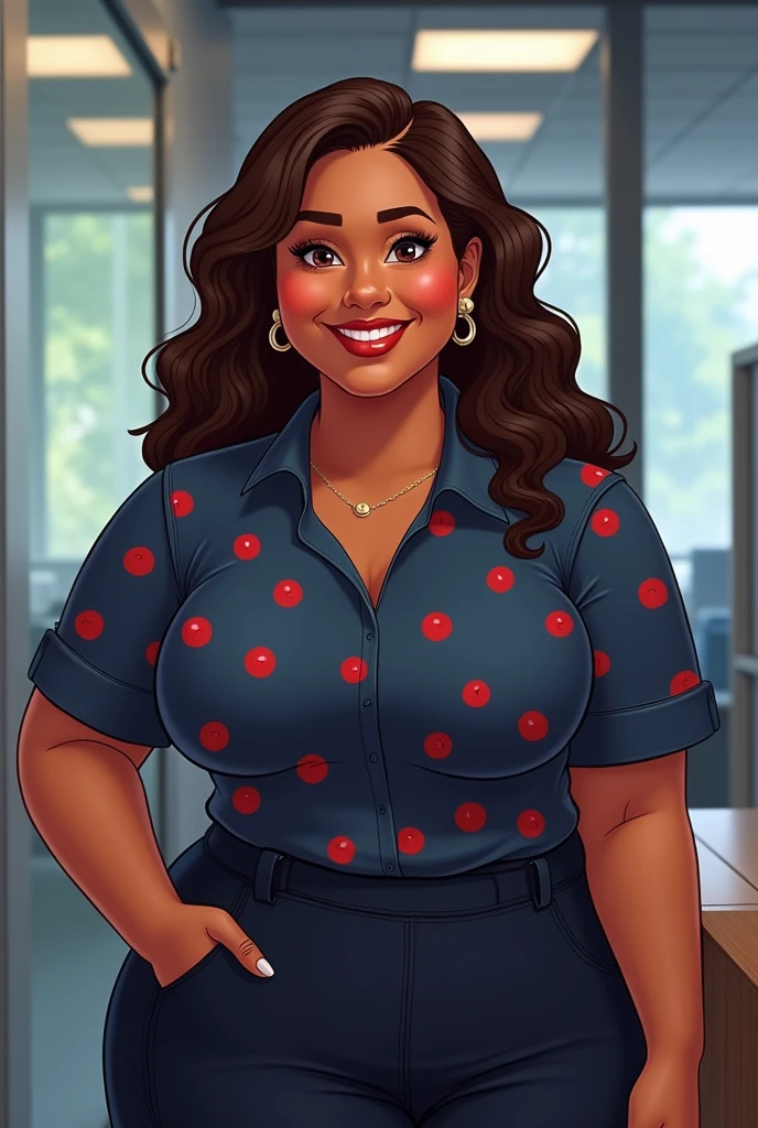 A full body image, that the image shows from head to toe, Disney-like Brazilian woman in a work environment, wearing a closed dark blue shirt with red balls printed on the shirt, with a plus size body, light brown skin and an extroverted personality.