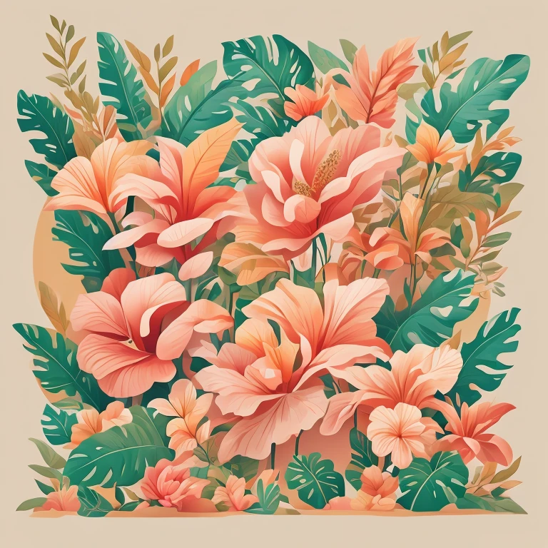 Flora Print,Soft beige,pastel pink,Tropical plants,rzminjourney,vectorial art,Design loops
