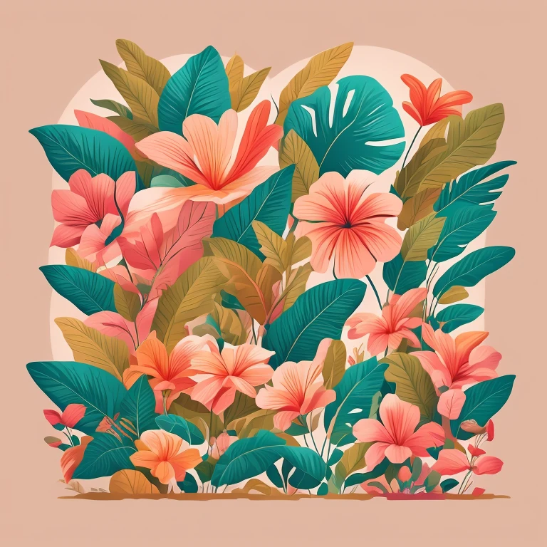 Flora Print,Soft beige,pastel pink,Tropical plants,rzminjourney,vectorial art,Design loops