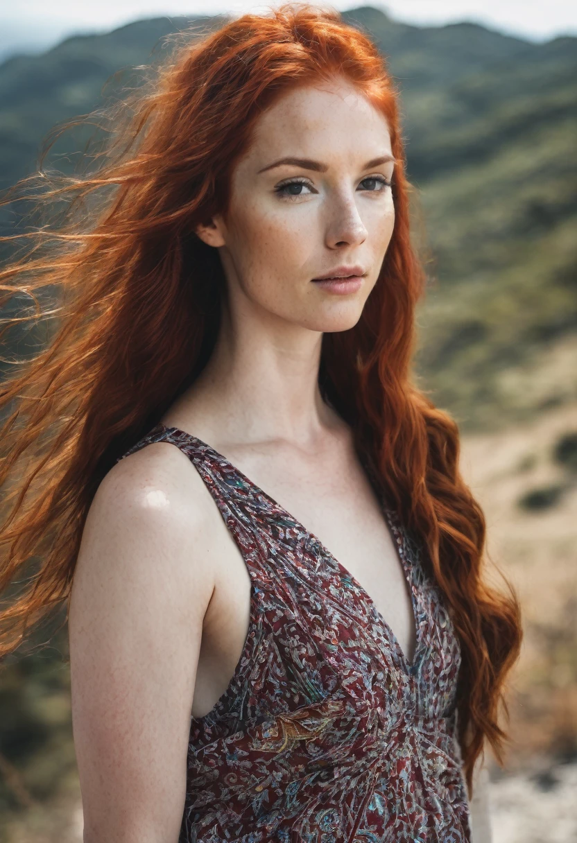 Red-haired woman with white skin and Brazilian features 