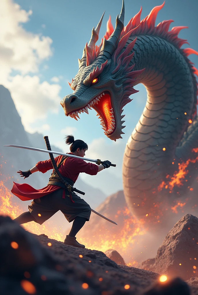 Free Fire character fighting a dragon using a katana 