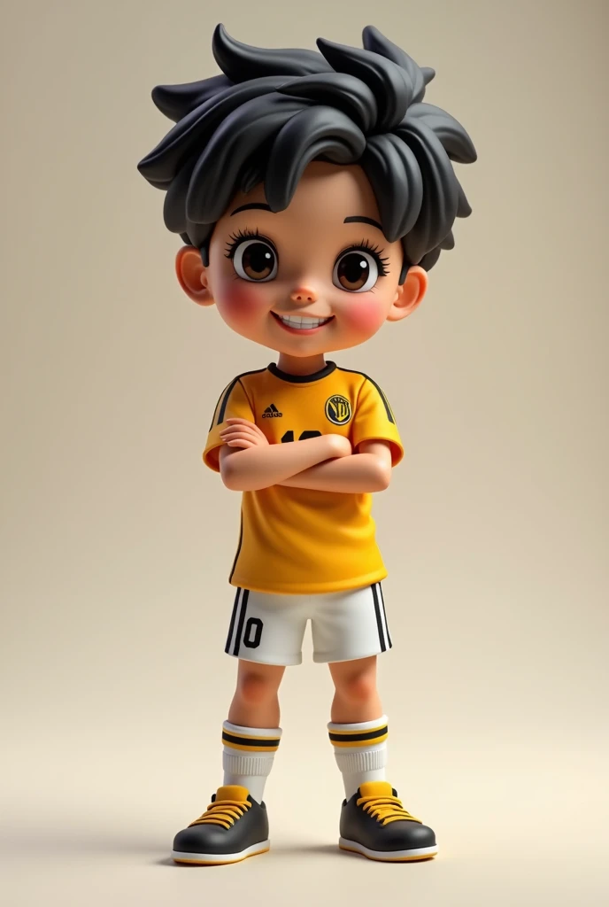 Create a soccer player doll wearing the number 10 jersey , blackquality hair, offwhite, very slanted eyes, Very smiling,  glad, teenager with arms crossed 