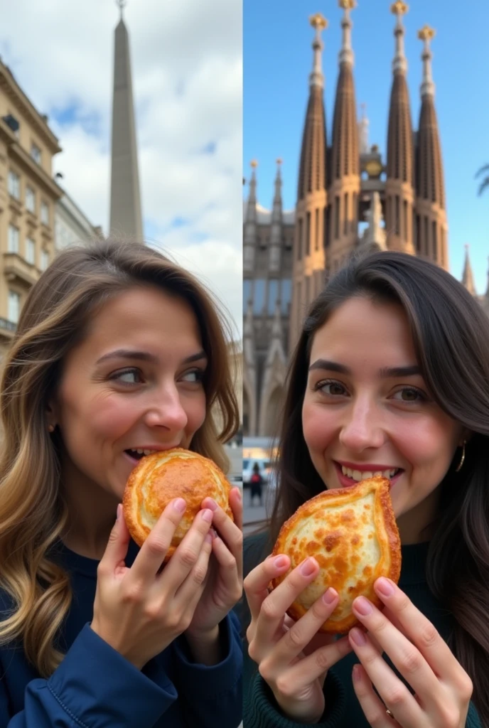An Argentinian eating an empanada at the Obelisk and a Spaniard eating an empanada from the Sagrada Familia, but the photo is cut in half so that you can see the people.