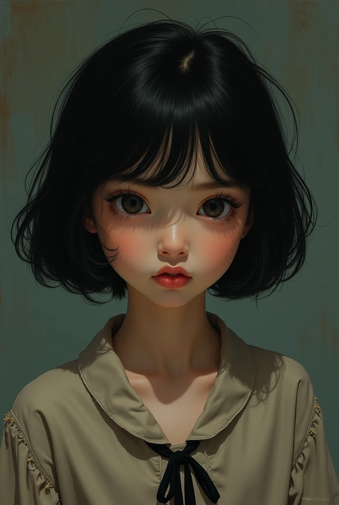 young girl with black short hair tousled bob, mysterious smile, retro dress (by Alex_Russell_Flint),
 (lush oil painting), palette canvas/acrylic, intricate, Exceptional Detailing, Complex key,
 ((single shot)), ((best quality)), ((masterpiece)) , ( (realistic)), (ideal), 8 K, impressionism: 0.2 Обои Full HD