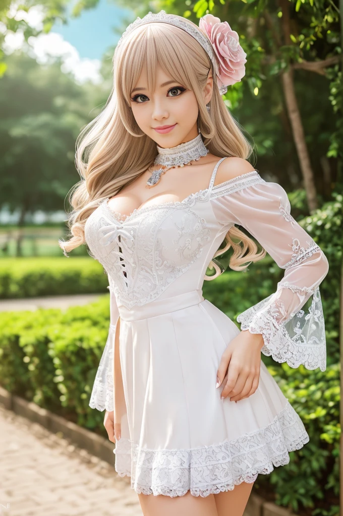 ((Best quality, 8k, Masterpiece, Sharp focus, 35mm lens, f/0.8, amazing beautiful perfect figure :1.4)), side lighting, sexy stylish Brazilian model, ((bright smile)), ((beautiful detailed Victorian-Style boots)), Highly detailed face and skin texture:1.2, super detailed eyes:1.2, super detailed skin, shiny skin:1.2, Blushing ,long lashes:1.2, high-fidelity bangs, brilliant light blonde long random hairstyle, ((sexy Paradise Kiss cosplay)), bell-shaped skirt, petticoats, high neckline, puffed sleeves, (( ultra detailed lace)), ((ultra detailed embroidery)), intricate details, Paradise Kiss accessoires and matching headpiece, choker, ((large sparkling Paradise Kiss jewelry)), cinematic light, detailed large park background with trees