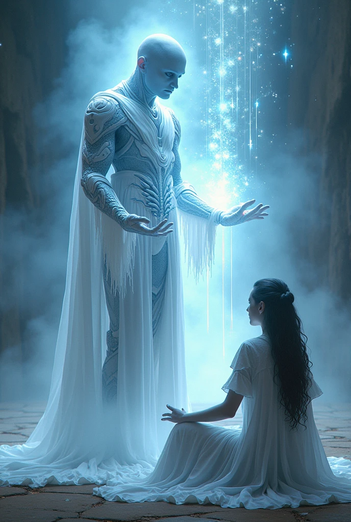 create master hilarion, um ser Arcturianos, alien with healing powers, a celestial, wise and gifted with a highly technomagical staff from which his white light power emanates, that cures all ills and drives away all darkness, He is tall, with soft blue skin and big black eyes, wears clothes with advanced technology and white, he must be performing a psychic healing ritual on a sick person, using his celestial light