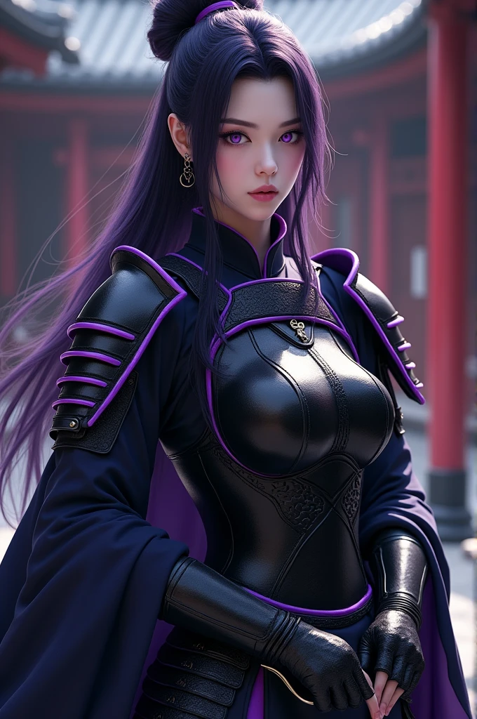 mature woman, with white skin, with medium breasts, with dark purple hair, with light purple eyes, wearing black Japanese armor and purple edges