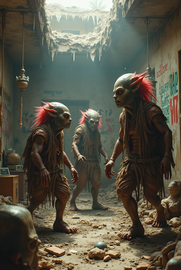 post apocalyptic party,  human animal aliens, regaeton,  the house
