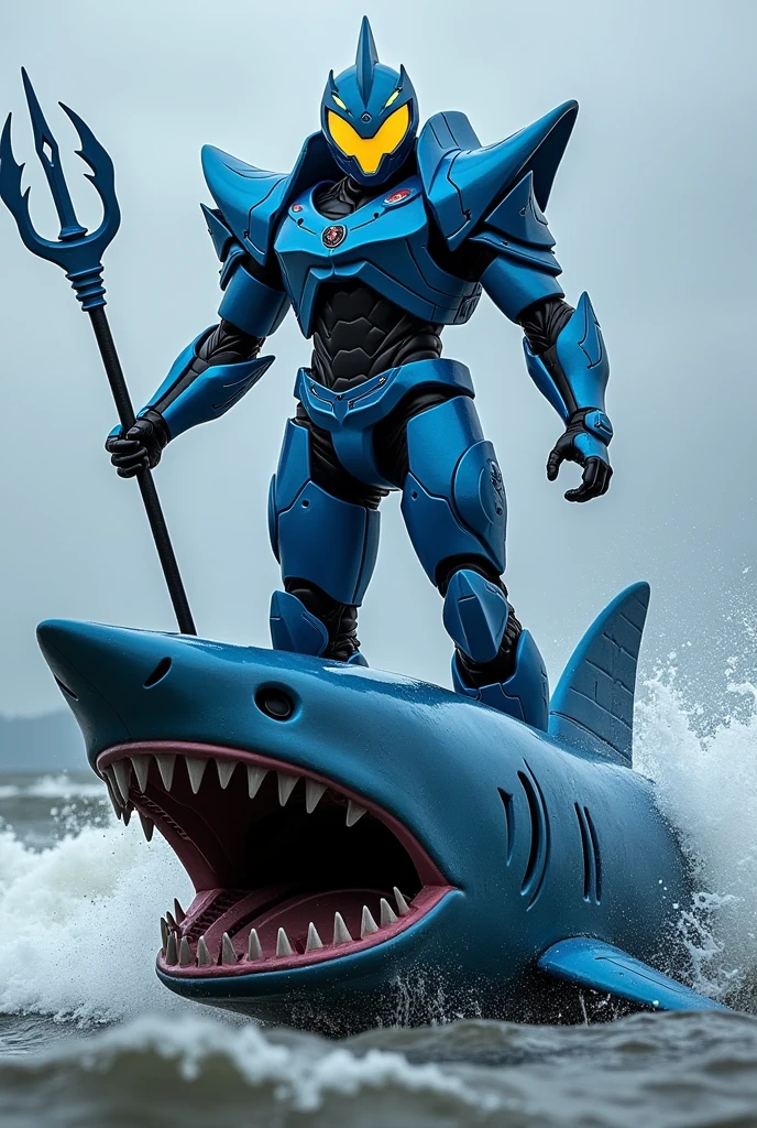 Kamen Rider Shark type, black inner suit, blue armor, yellow eyes with lights, trident weapon, standing on a shark robot with yellow eyes with lights, the background is sea waves.