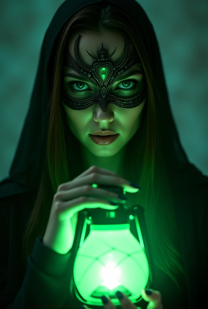 (photorealism:1.2) Woman with a spider-green lantern antifaz illuminated by the light of her green lantern