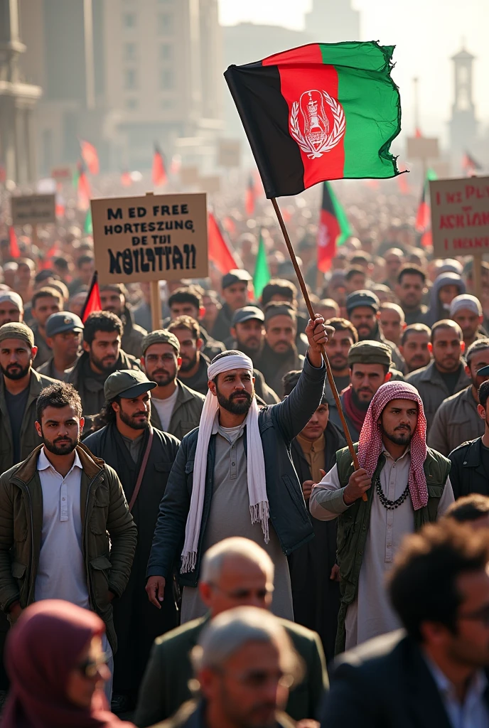 Show a lot of Afghan People and Taliban that They are holding a lot of signs that writte Fuck USA and people bring Afghanistan flag