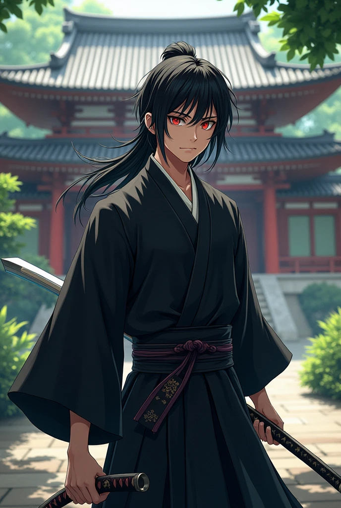 with a katana at his waist, with long black hair, Red eyes, against a backdrop of a Japanese temple, dressed in a Japanese-style black kimono, with an anime style, Create an image of a 20-year-old young man