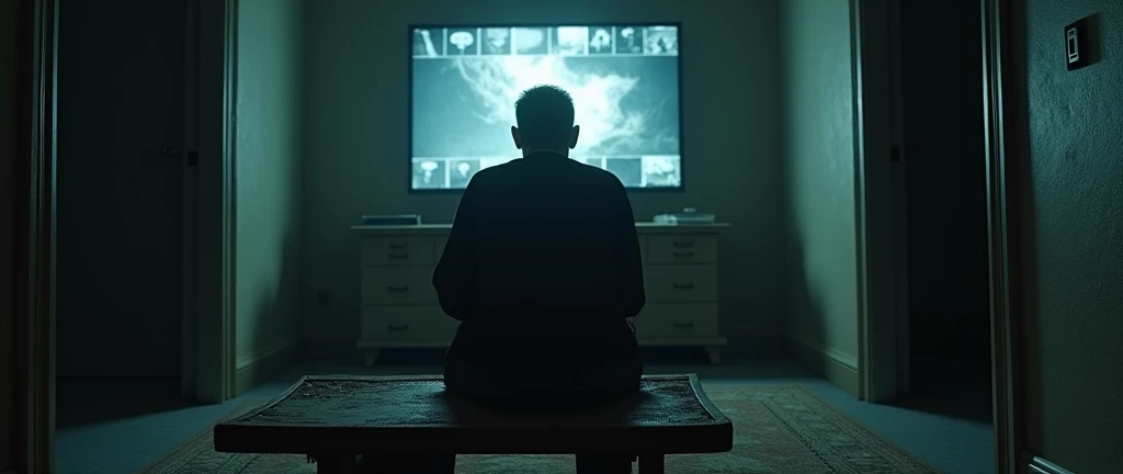 I want a realistic image of an office inside a dark and gloomy house. The image needs to be in first person (First-person view), with a bench and a monitor (screen) old to look at the security cameras in the middle, and two half-open doors on either side of the bench.