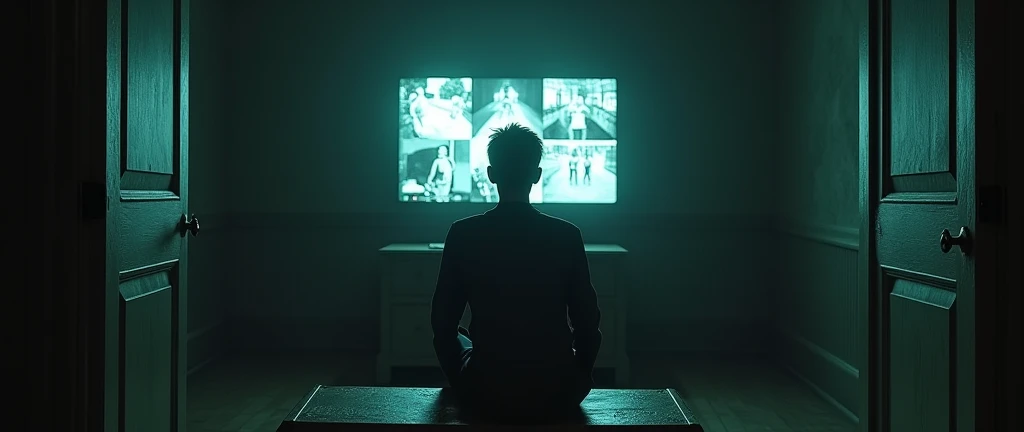 I want a realistic image of an office inside a dark and gloomy house. The image needs to be in first person (First-person view), with a bench and a monitor (screen) old to look at the security cameras in the middle, and two half-open doors on either side of the bench.