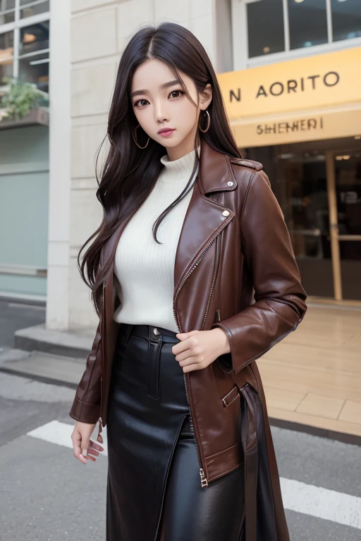 a woman standing in a maxi brown leather jacket, ulzzang, Hermosa joven coreana, Chica coreana, Sakimichan, Hermosa mujer surcoreana, Asian girl with long hair, con el pelo largo, dilraba dilmurat, Heonhwa Choe, Gongbi, Hermosa joven coreana