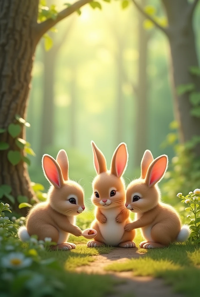 3 rabbits, In a forest, at daytime , helping a little bird 
