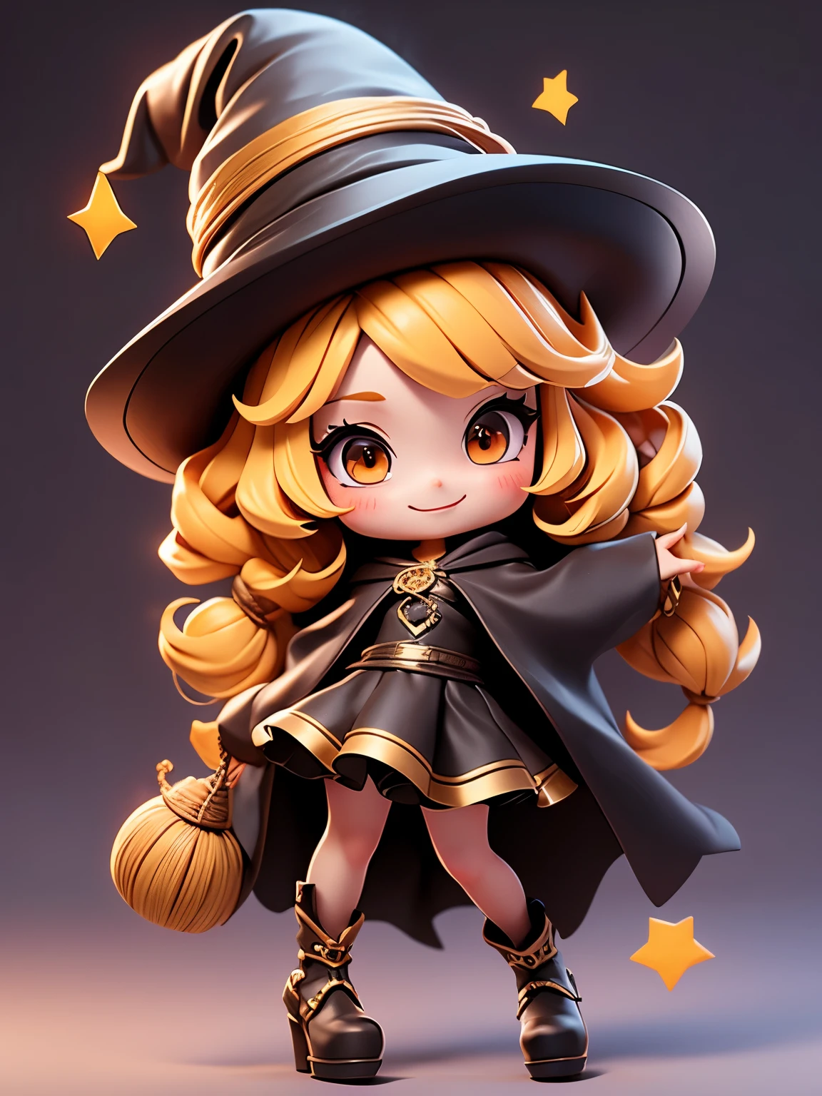 1girl, masterpiece, Highest quality, Smiling cute chibi, (((黒 hair))), Witch Costume, (((whole body)))