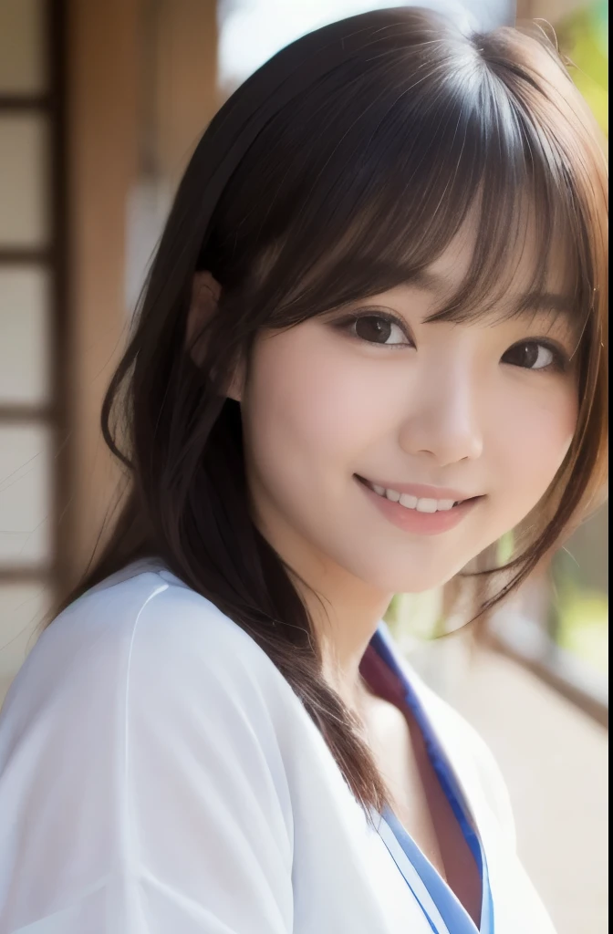 best quality, face focus, soft light, ultra high res, (photorealistic:1.4), RAW photo,(Shinozaki Ai), white skin, kawaii, 1 Japanese girl, solo, cute, (smile), (pupil, lights in the eyes),  detailed beautiful face, Medium-sized breasts,(high resolution detail of human skin texture),(long hair),(portrait), upper body, white traditional kimono