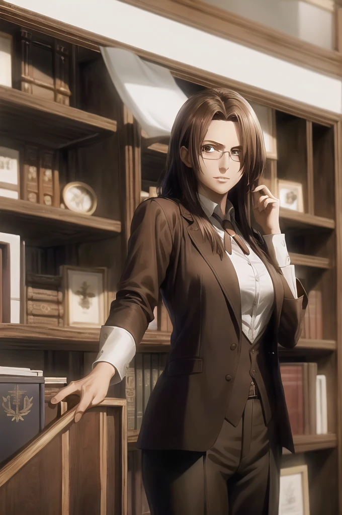 portrait of beautiful HangeAOT, 1girl, solo, brown_hair, glasses, eyepatch, Perfect brown silk suit , Masterpiece ,Background of a large library , realistic hands , Detailed realistic painting, hd, Brown and chestnut colors , White silk shirt, black tie