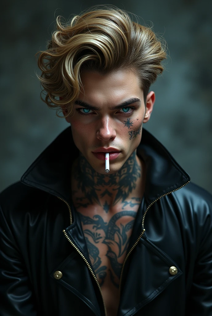 He is 22 years old, 1,88 m, he has dark blond curly hair and blue eyes. various tattoos, with a mysterious and dark aura. A reckless man, carefree and always with a cigarette on his lips. sarcastic, but always with a stoic expression on his well-sculpted face, pink and soft lips and an intimidating gaze.