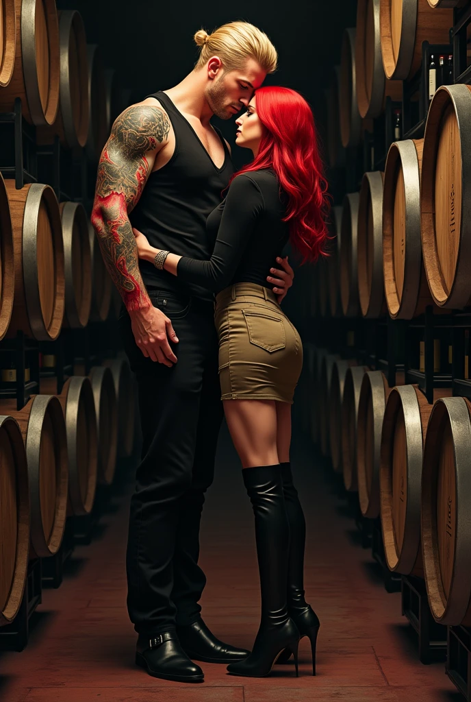Tall attractive blond man dressed in black with a dragon tattoo, covered in blood kissing a redhead on the forehead wearing a khaki skirt , Stiletto boots and a fitted long-sleeved blouse in a wine cellar illustration
