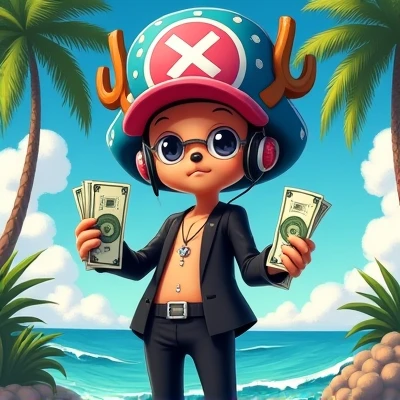 anime character, with tony tony chopper's hat, headset, glasses on the face, Black Suit, and holding large bills of money in his hand. pirate themed background