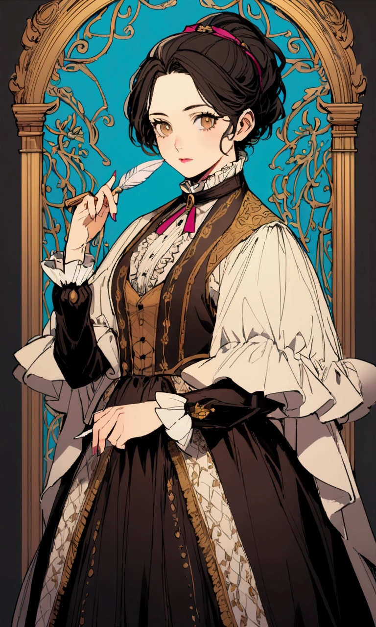 A young woman with golden-brown eyes, long black hair, and a quill in her hand, dressed in the attire of a 19th-century English noble.