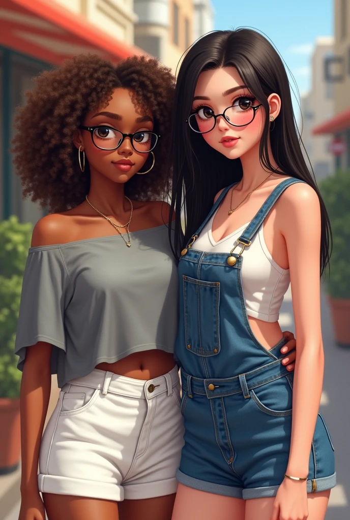 2 girls, a white girl with black eyes and glasses, With brown curls and a short white skirt, wearing a gray shirt that shows her shoulders, and the other girl is brunette with smooth black hair and black eyes, wearing a short overall., A white top with straps and blush