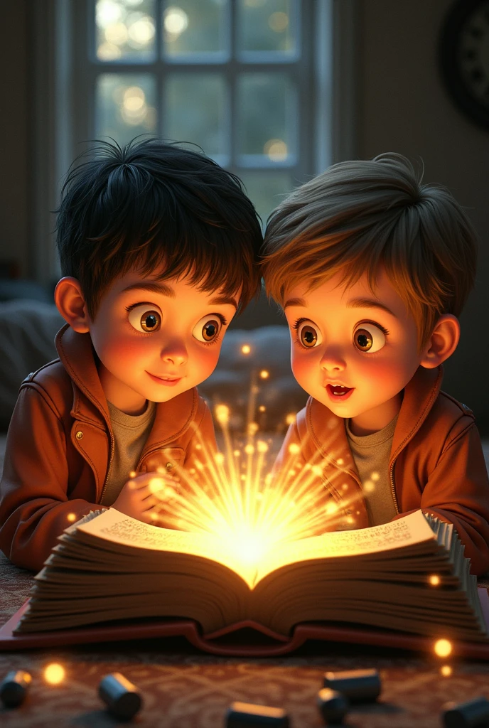 Tick and Tock these two children found an old book where their grandmother , When they opened it, a bright light came out.