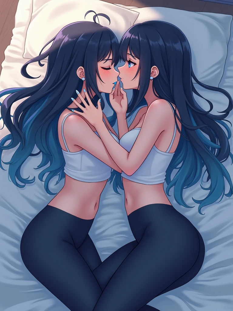 Anime girls kissing with tongue, blue lips in bed on top of each other holding her neck with leggings, white top, light blue nails and black hair with blue lines