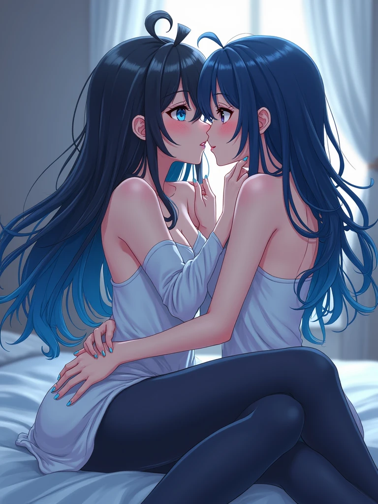 Anime girls kissing with tongue, blue lips in bed on top of each other holding her neck with leggings, white top, light blue nails and black hair with blue lines