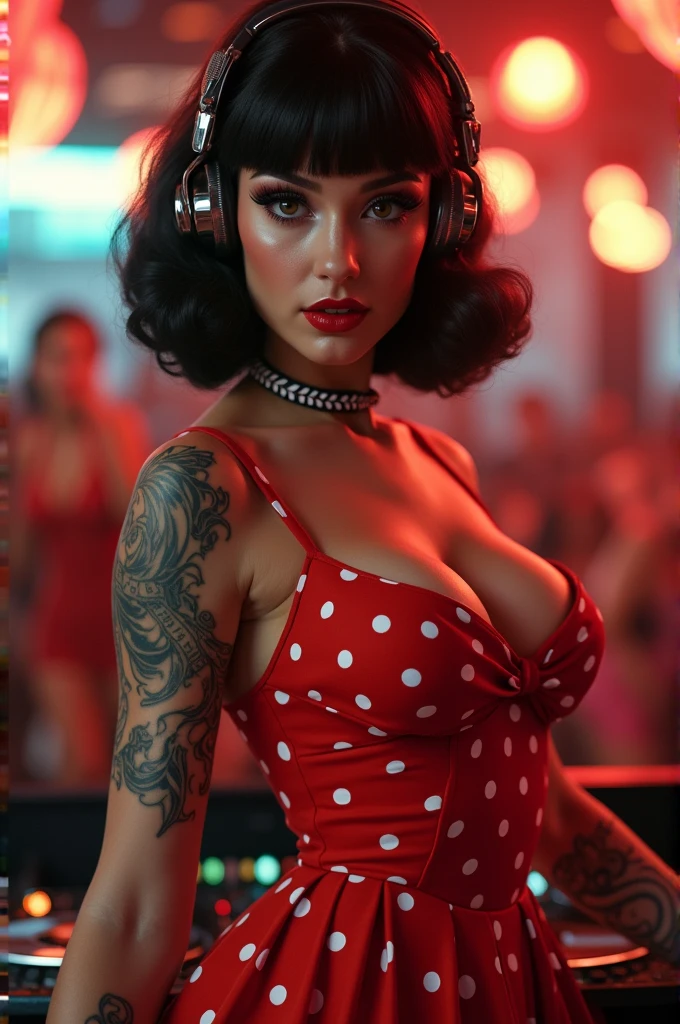 beautiful pin up dj with bangs in a red dress with white polka dots and many tattoos on her arms