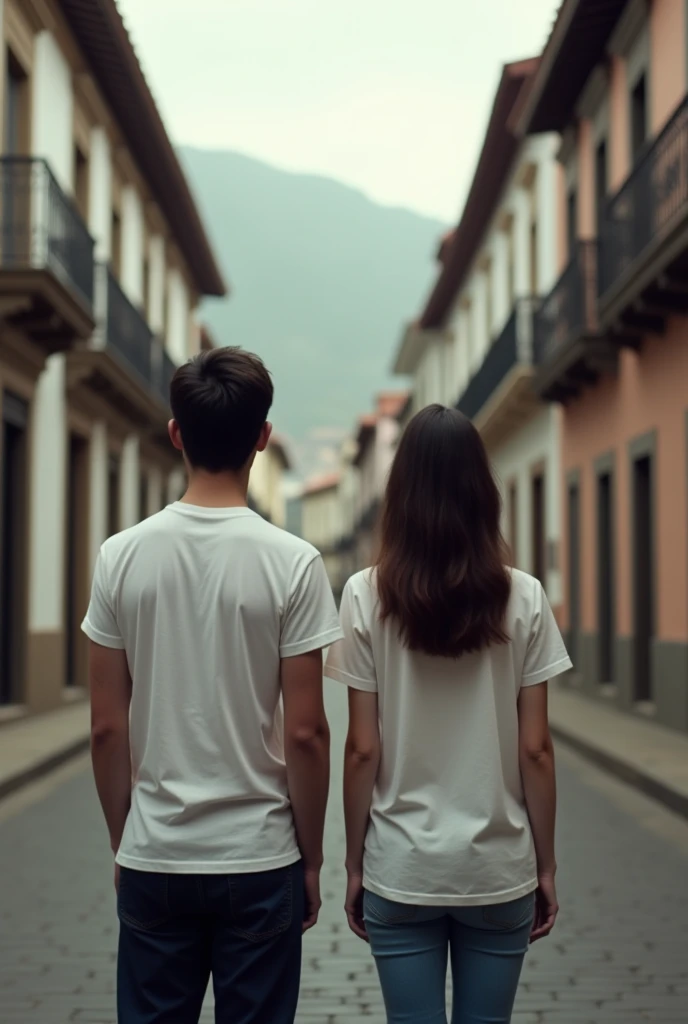 Young man and woman with white t-shirts standing back to back on different streets in Cuenca, Ecuador