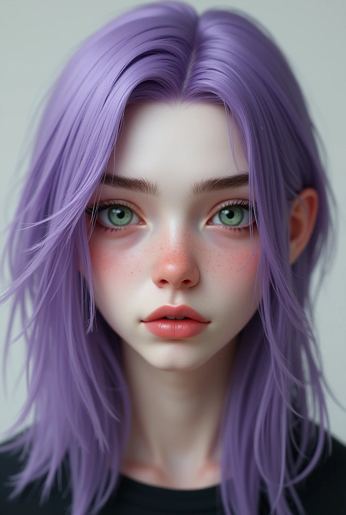 teenage man, white pale, with masculine features, green eyes, thick eybrows, wide jawline, big nose, lavender long straight hair