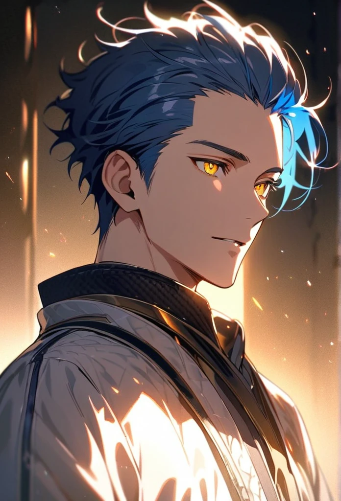 Handsome, solo, 1 man, blue hair, yellow eyes, 1 man, handsome, male, short hair, detailed, Hair Slicked Back, Messy Hair, Glowing Light, Bright PupilsVery Short Hair, Hair Pulled Back,