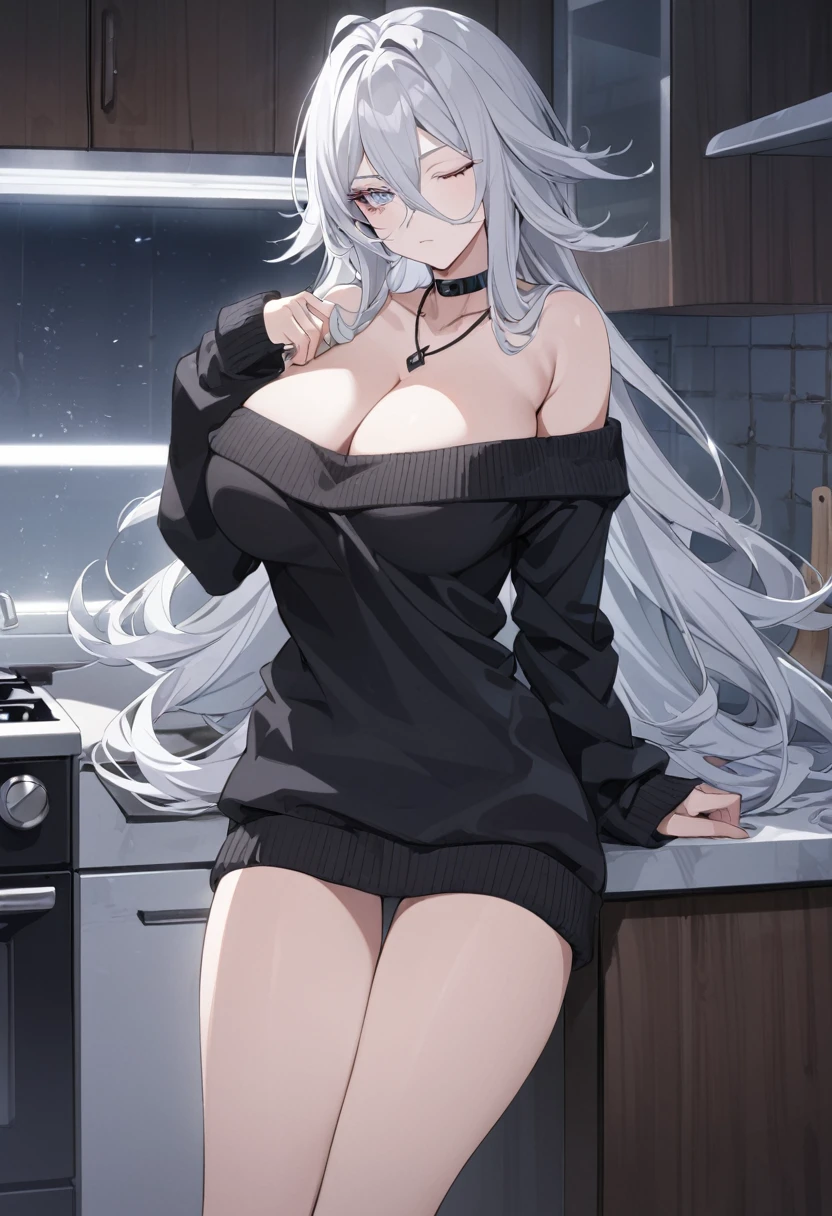 sovetsky_Soyuz, grey hair, long hair, choker, necklace, bare shoulder, open top, black sweater, Long sweater, large breasts, cleavage, first rate breasts, grey eyes, sharp eyes, Long eyelashes, symmetrical eyes, eye shadow, ominous vibe, expressionless, stoic, relaxing, anime, aesthetic, Anime screenshot, Ultra quality, UHD, high detail, morning, kitchen, sleepy, one eye closed, lazy, one girl, standing, thighs