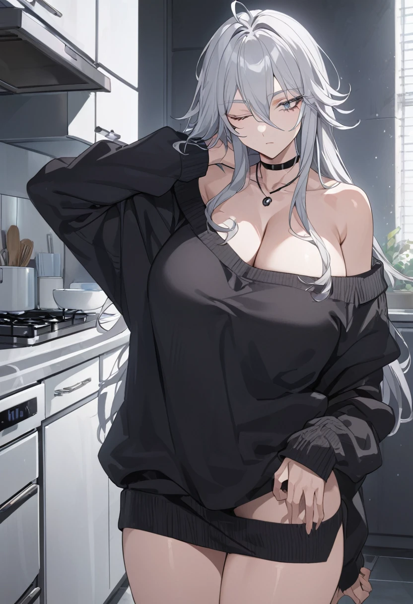 sovetsky_Soyuz, grey hair, long hair, choker, necklace, bare shoulder, open top, black sweater, Long sweater, large breasts, cleavage, first rate breasts, grey eyes, sharp eyes, Long eyelashes, symmetrical eyes, eye shadow, ominous vibe, expressionless, stoic, relaxing, anime, aesthetic, Anime screenshot, Ultra quality, UHD, high detail, morning, kitchen, sleepy, one eye closed, lazy, one girl, standing, thighs