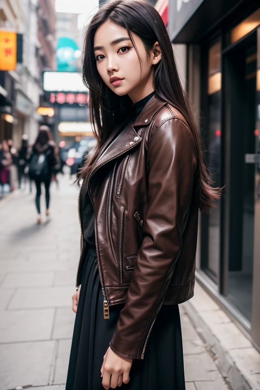 a woman standing in a maxi brown leather jacket, ulzzang, Hermosa joven coreana, Chica coreana, Sakimichan, Hermosa mujer surcoreana, Asian girl with long hair, con el pelo largo, dilraba dilmurat, Heonhwa Choe, Gongbi, Hermosa joven coreana