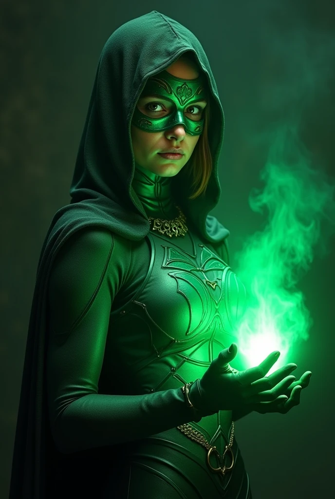 (photorealism:1.2) Woman with a spider-green lantern antifaz illuminated by the light of her green lantern