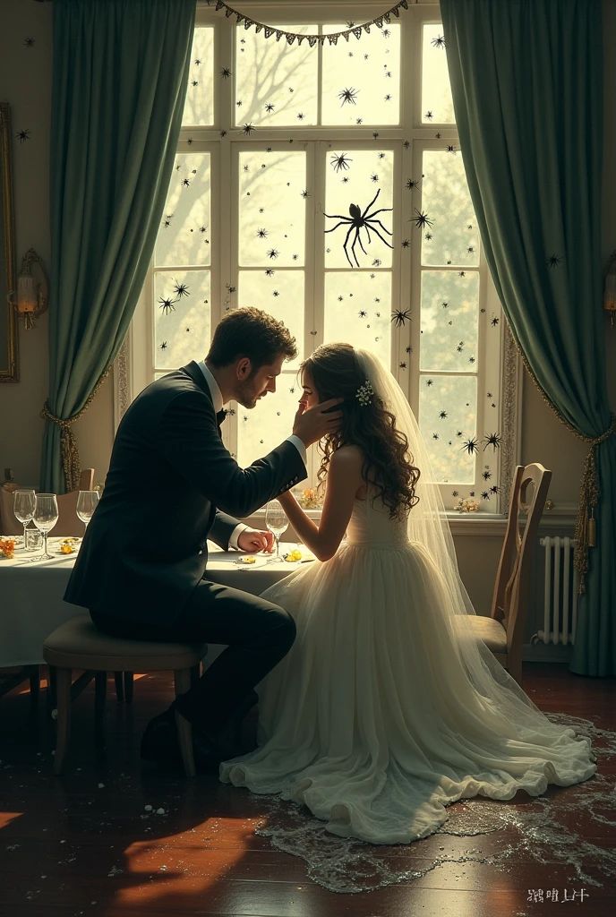 We are like in the dining room (at a wedding) I'm going to comfort the bride and right by my window I see the chaos, the floor breaks and something emerges as if oil had been found, the windows, doors and curtains were full of hairy spiders, ants, etc. As if they were fleeing from something