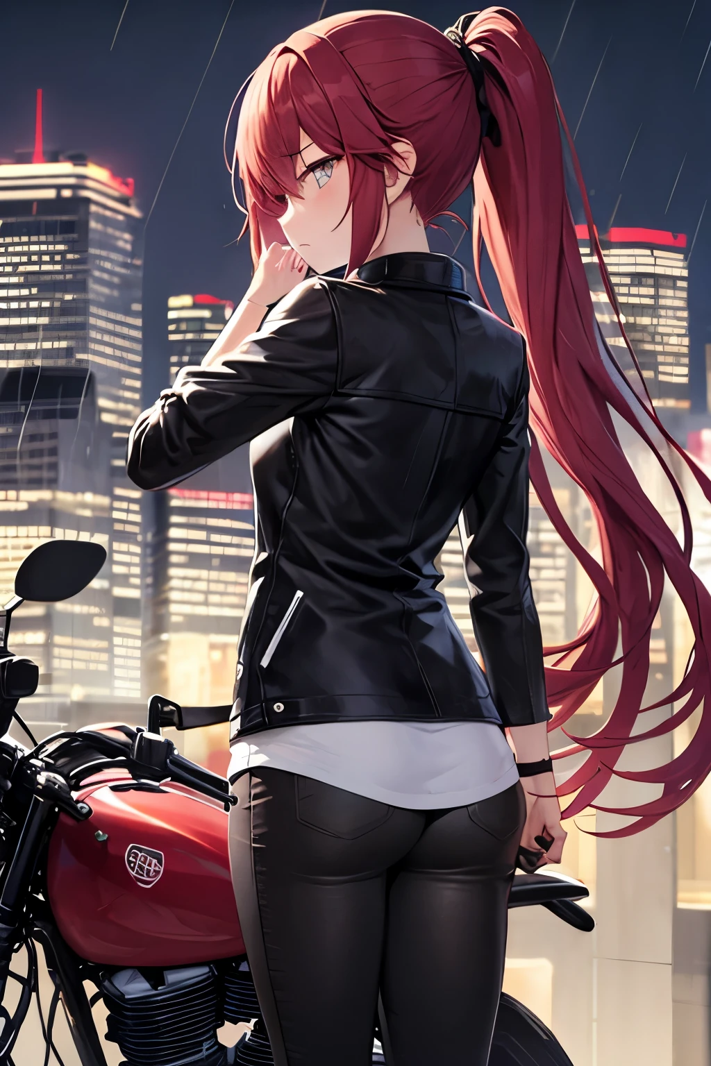 (masterpiece), best quality, BREAK, expressive eyes, (perfect face), 1girl, BREAK,( very long hair, red hair, ponytail), BREAK, (red eyes, agressive eyes, detailed eyes), BREAK, (sad expression), BREAK, (very tall height), (skinny build), BREAK, (leather motocycle jacket), BREAK, (black pants), BREAK, (sneakers), BREAK, (city at night), (rain), BREAK, (standing), (sideview)