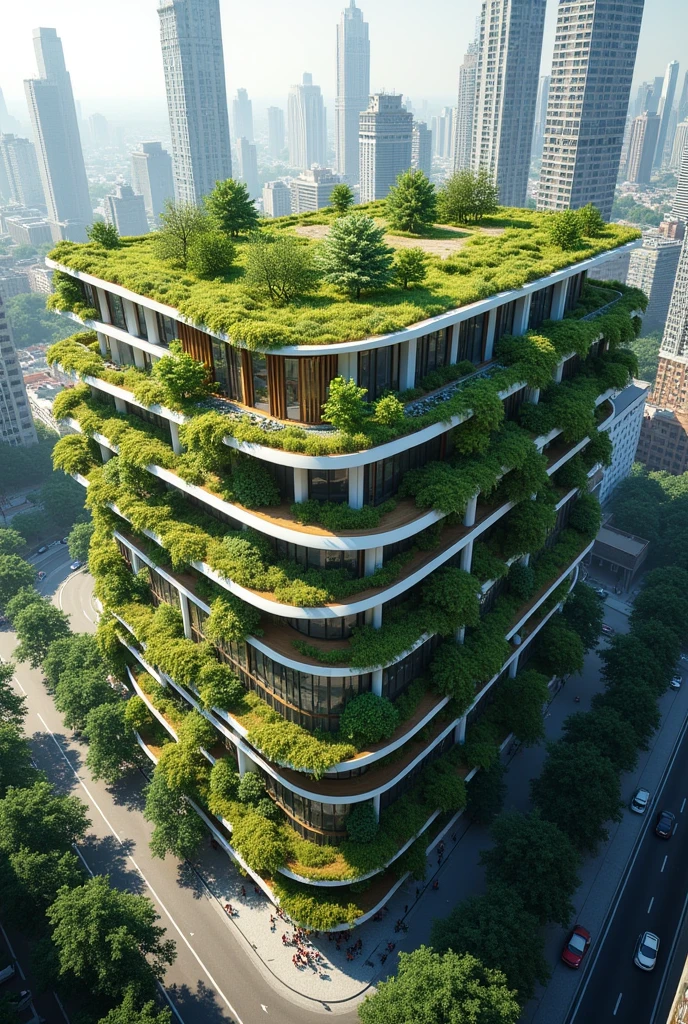 I want an image that represents this text A building with green roofs that helps reduce the heat island effect, improves air quality and provides habitat for wildlife, while improving the thermal insulation of the building