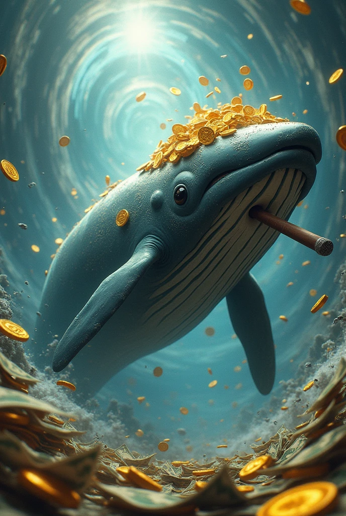 Whale with a cigar in its mouth traveling from the future, tons of dollars and gold bitcoin coins.